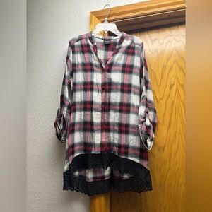 Plaid Button-Up Shirt with Lace Hem
Size S, fits like M
Worn once